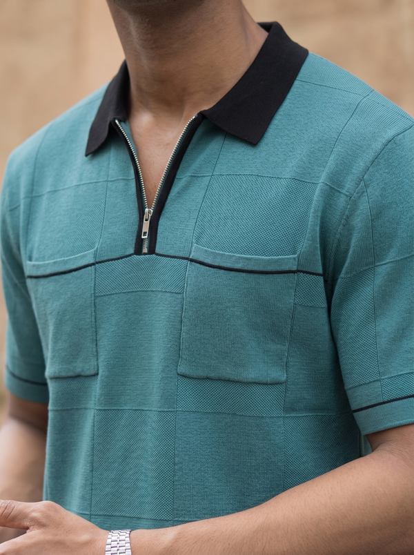 Teal Colorblock Quarter-Zip Polo