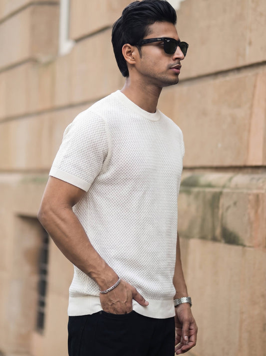 White Textured Crew Neck T-shirt