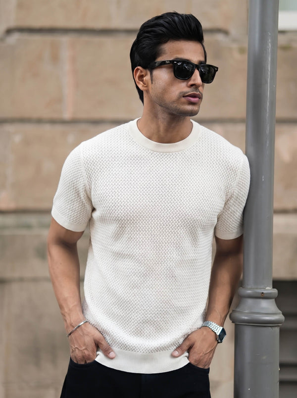 White Textured Crew Neck T-shirt