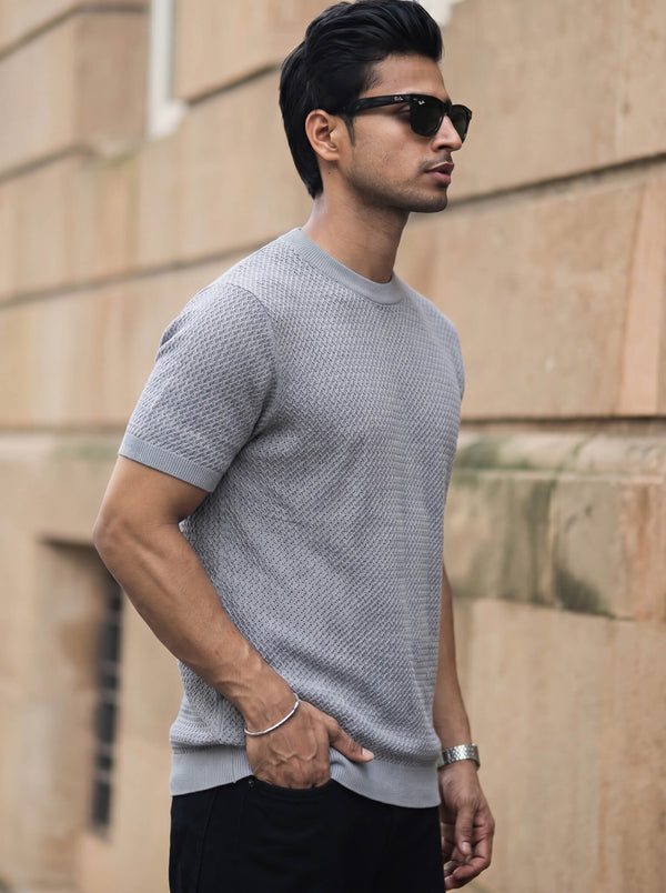 Grey Textured Crew Neck T-shirt