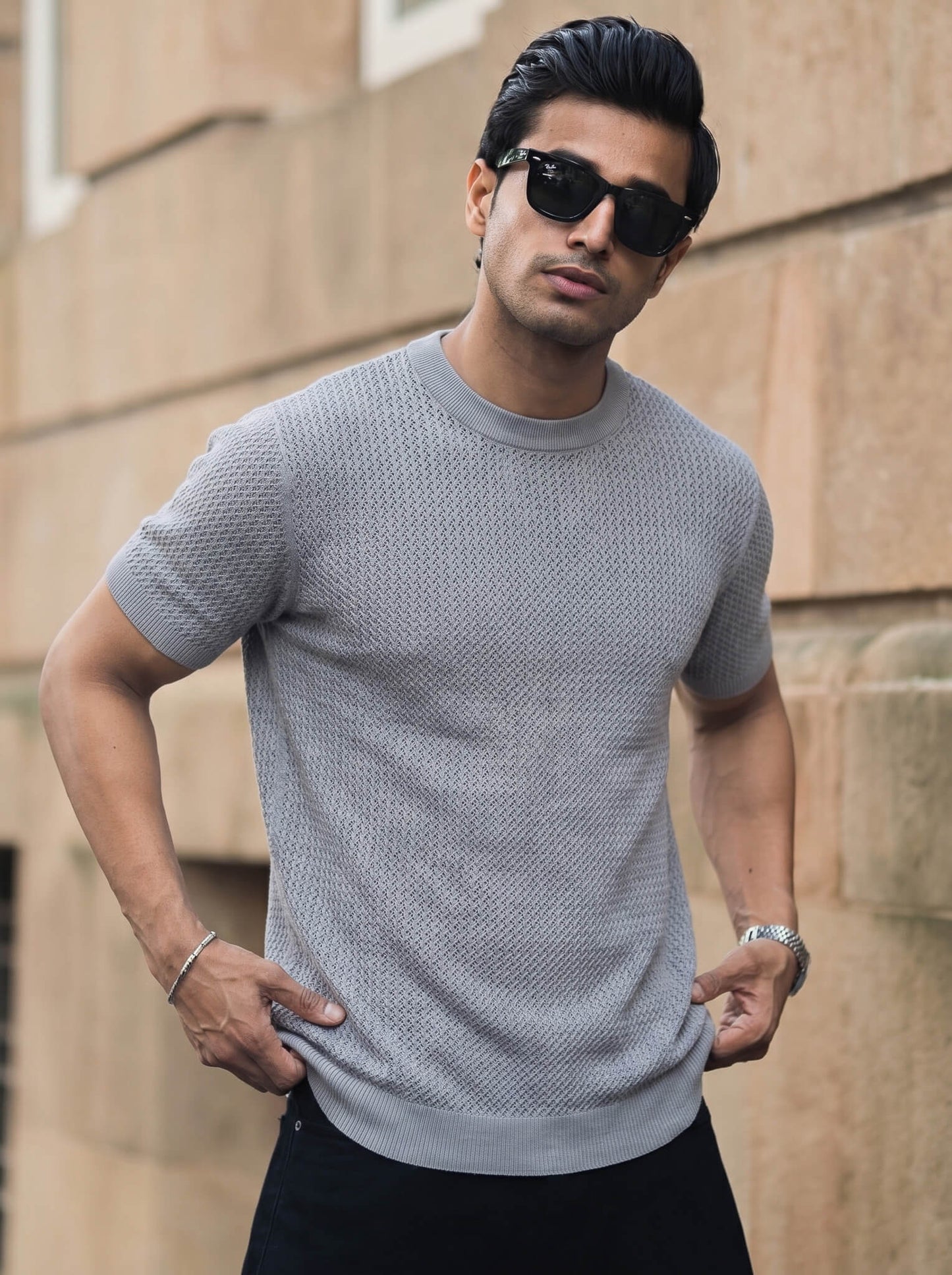 Grey Textured Crew Neck T-shirt