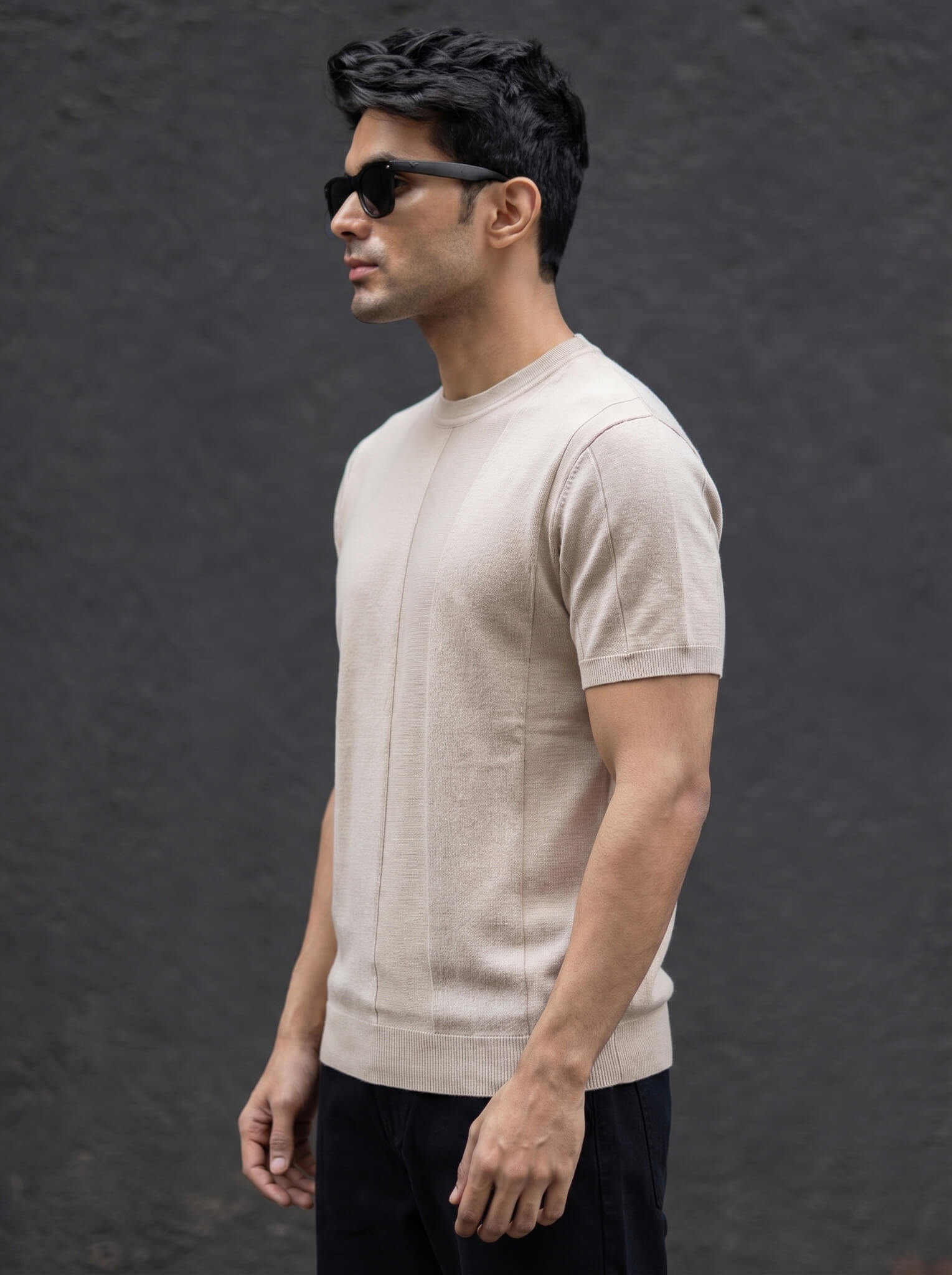 Light Beige Minimalist Contrast-Stitch Crew Neck T-shirt
