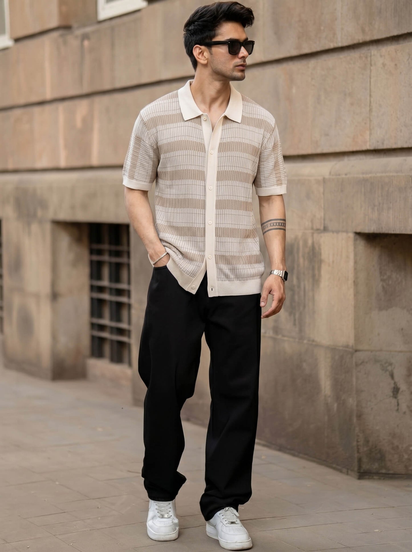 White Ribbed Striped Knit Shirt