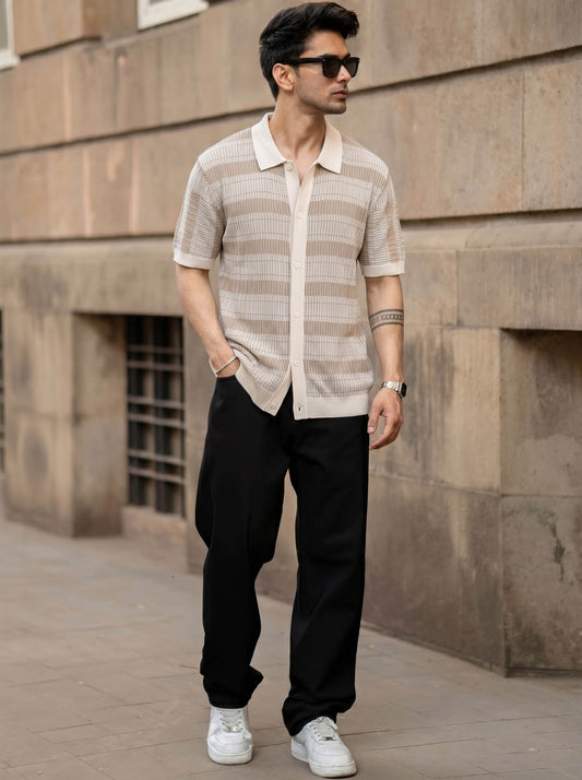 White Ribbed Striped Knit Shirt