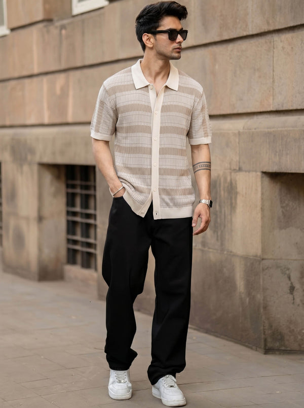 White Ribbed Striped Knit Shirt