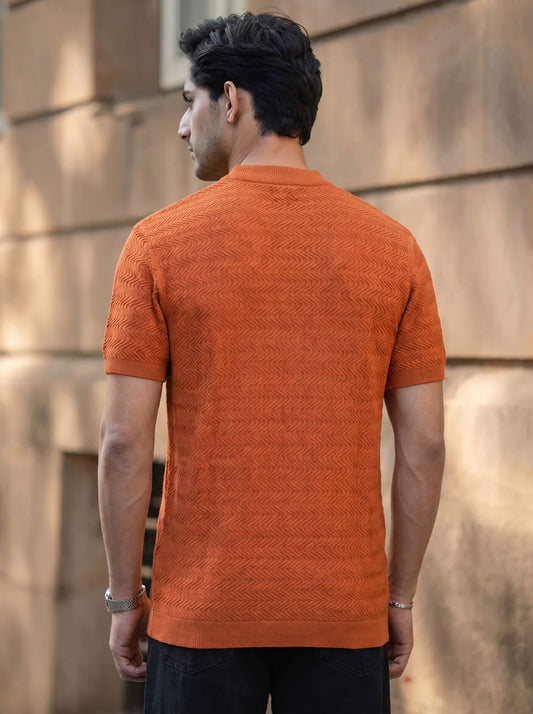 Rust Chevron Textured Crew Neck T-shirt
