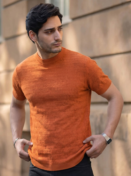 Rust Chevron Textured Crew Neck T-shirt
