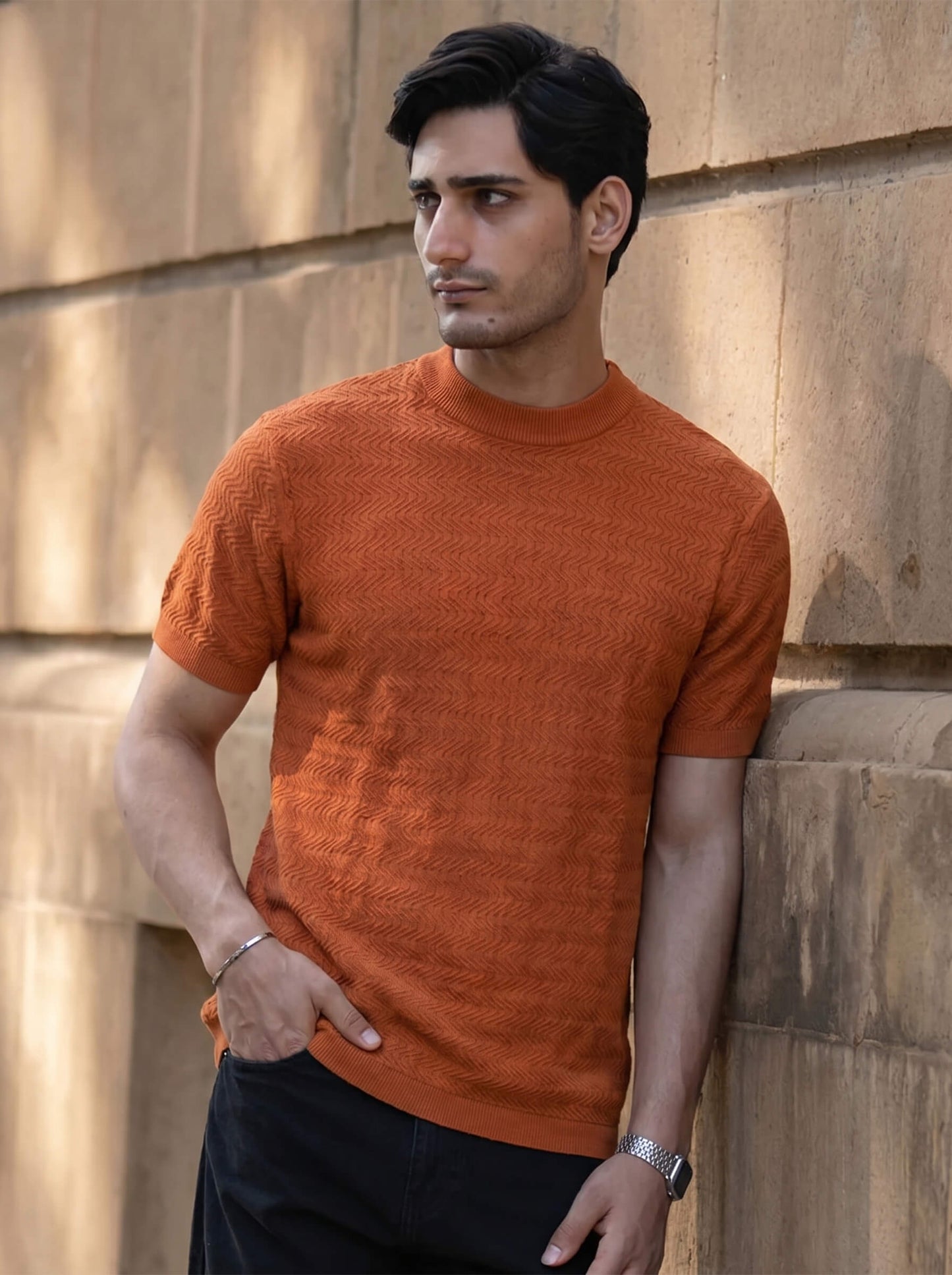 Rust Chevron Textured Crew Neck T-shirt